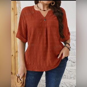 Plus Size Solid Color Notched Collar Batwing Top